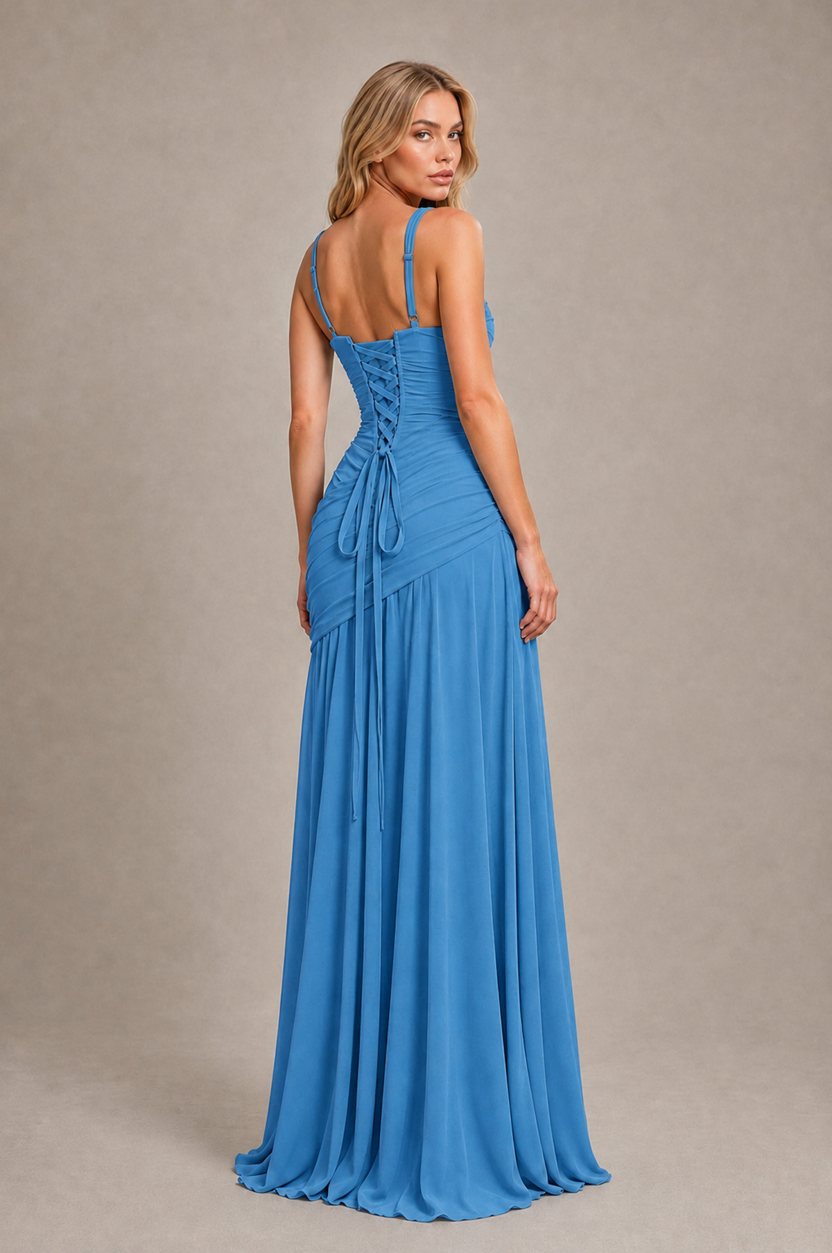 BOLODOO Blue Spaghetti Strap Ruched Maxi Dress – Formal Evening Gown with Slit - Blue - Blue_2