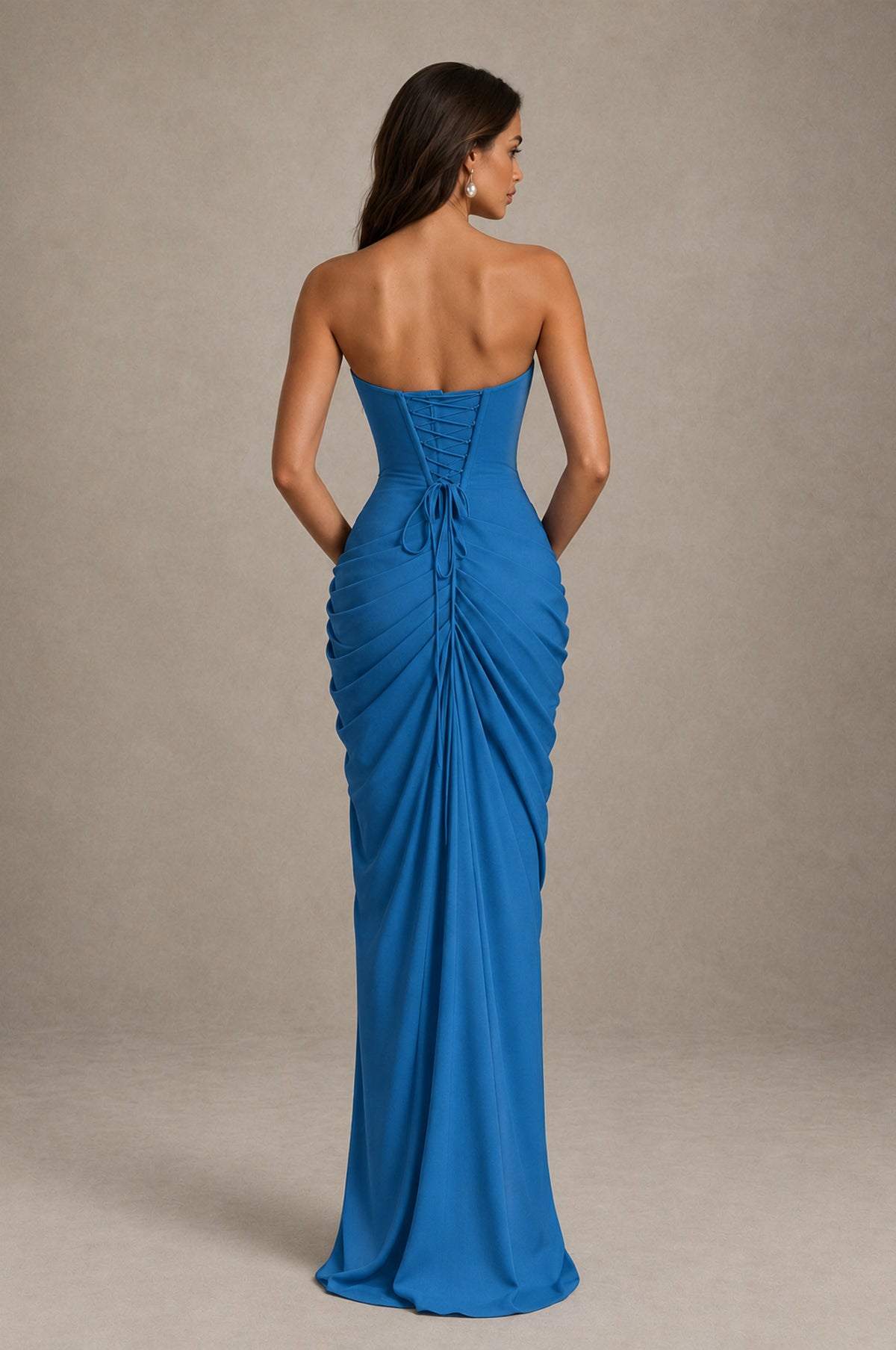 BOLODOO Strapless Draped Maxi Dress - Blue Backless Evening Gown with High Slit - Blue - Blue_2