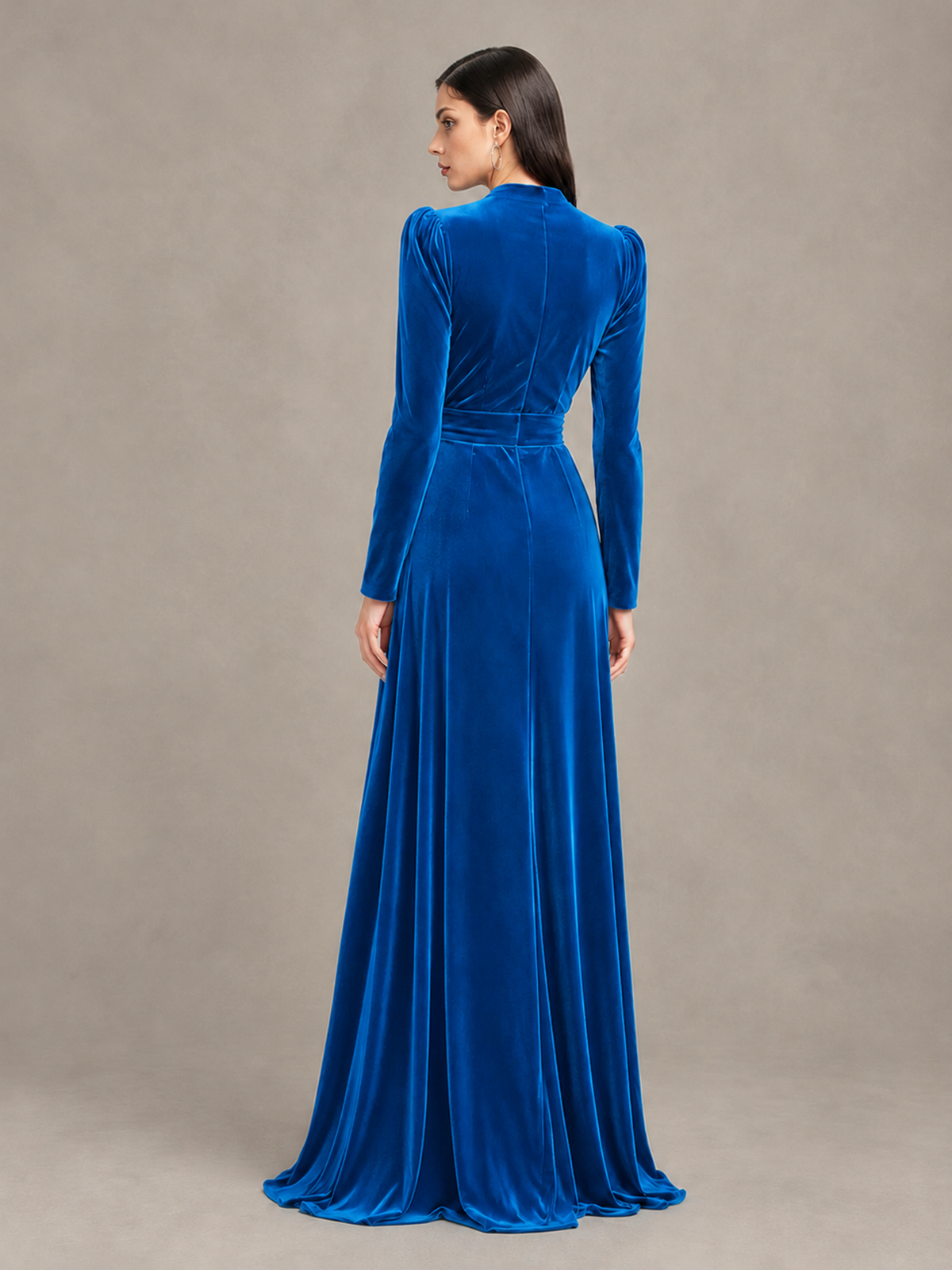 BOLODOO Blue Long Sleeve Velvet-Look Evening Dress with High Slit - Blue - Blue_2