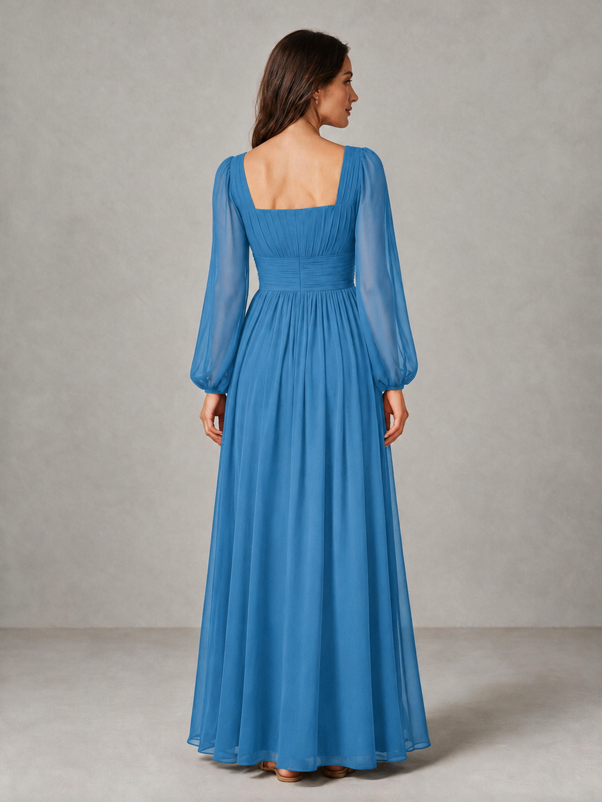 BOLODOO Blue Square Neck Long Sleeve Chiffon Bridesmaid Dress - Blue - Blue_2