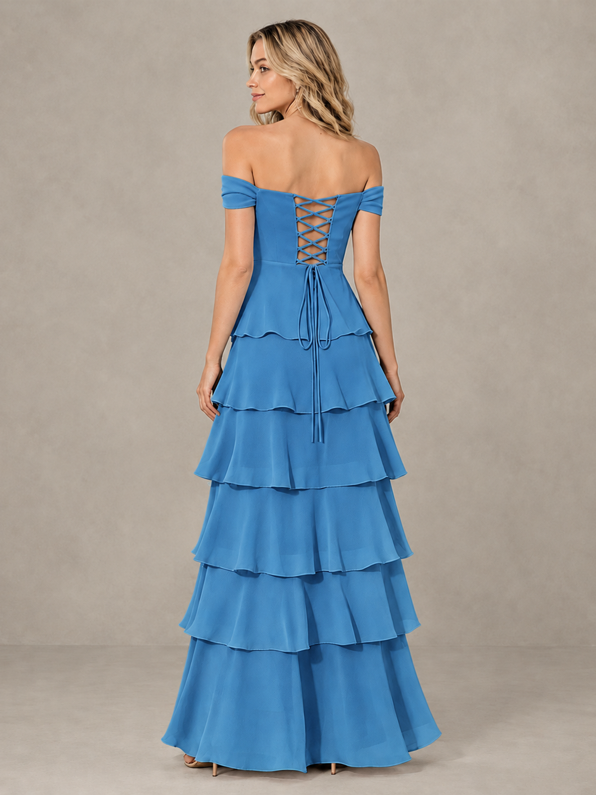 BOLODOO Blue Off-Shoulder Tiered Ruffle Bridesmaid Dress with Lace-Up Back - Blue - Blue_2