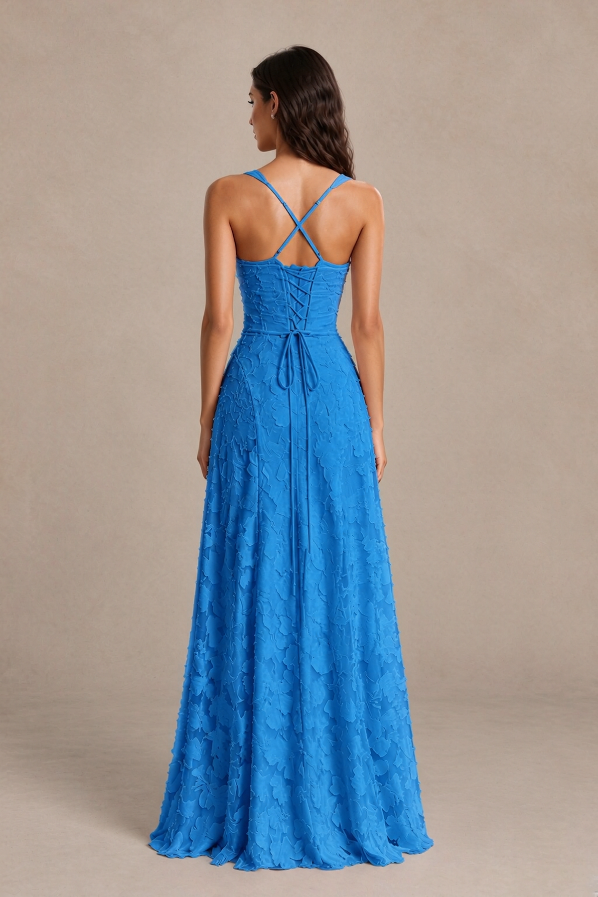 BOLODOO Blue Floral-Textured A-Line Dress with Lace-Up Back - Blue - Blue_2
