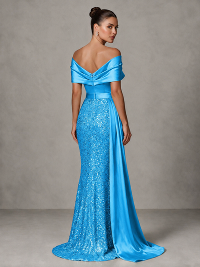 BOLODOO Blue Sequin Mermaid Evening Dress with Off-Shoulder Satin Drape and Sweep Train - Blue - Blue_2