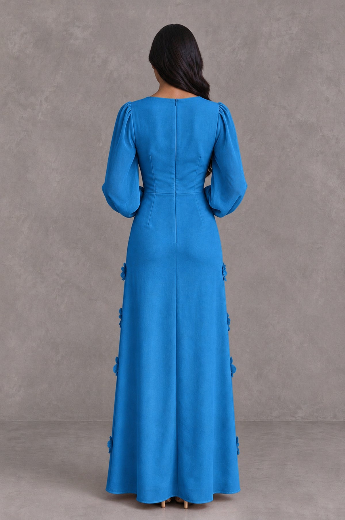 BOLODOO Blue Long Sleeve Floral Applique A-Line Evening Dress - Blue - Blue_2