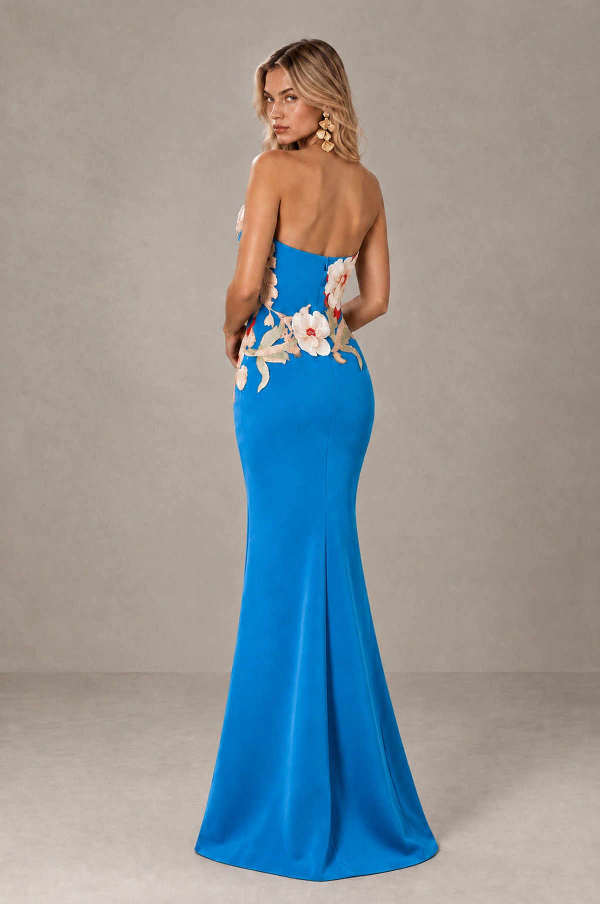 BOLODOO Blue Strapless Floral Mermaid Evening Dress with Slit - Blue - Blue_2