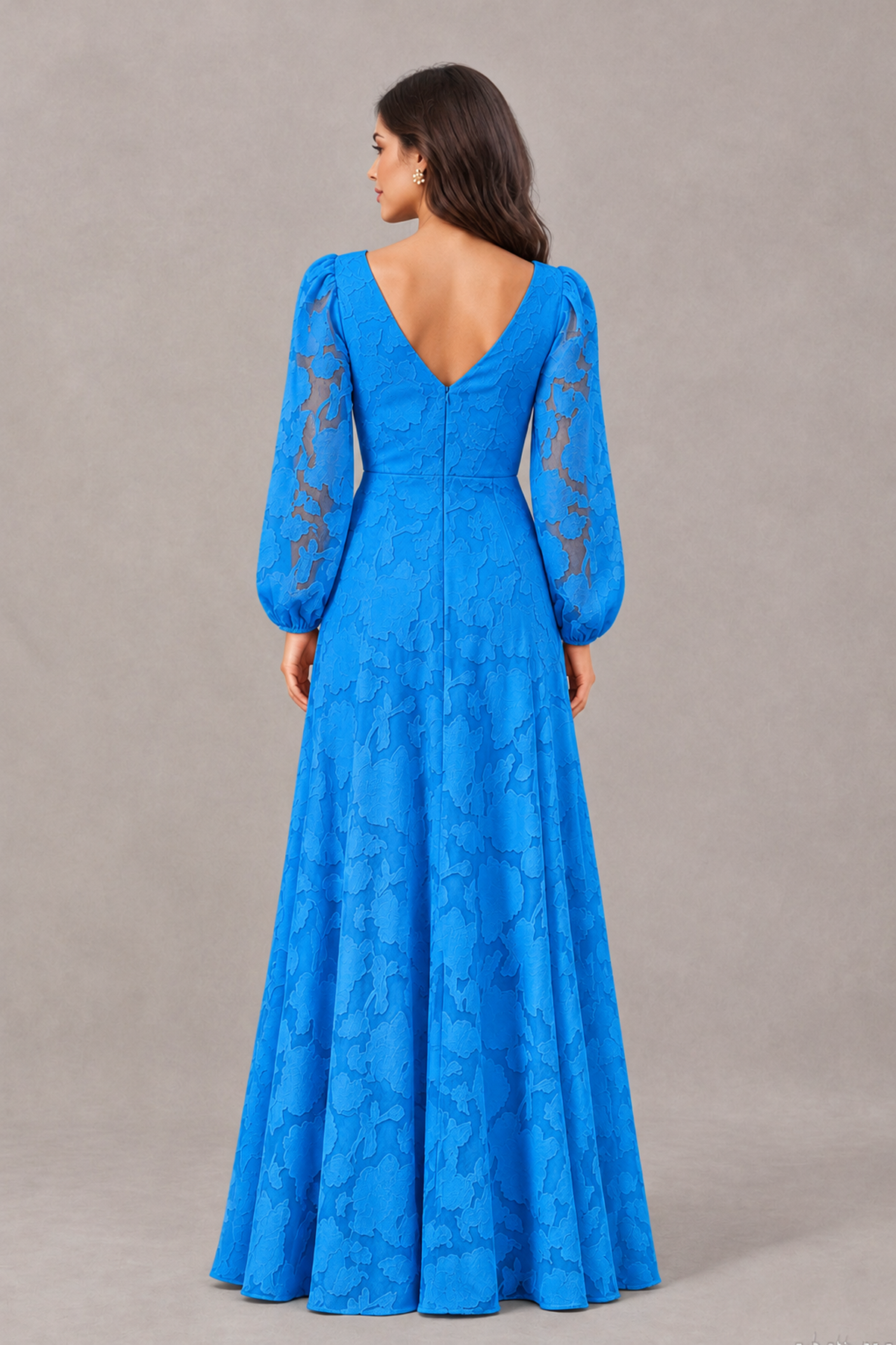 BOLODOO Blue Long Sleeve V-Neck A-Line Mother of the Bride Dress - Blue - Blue_2