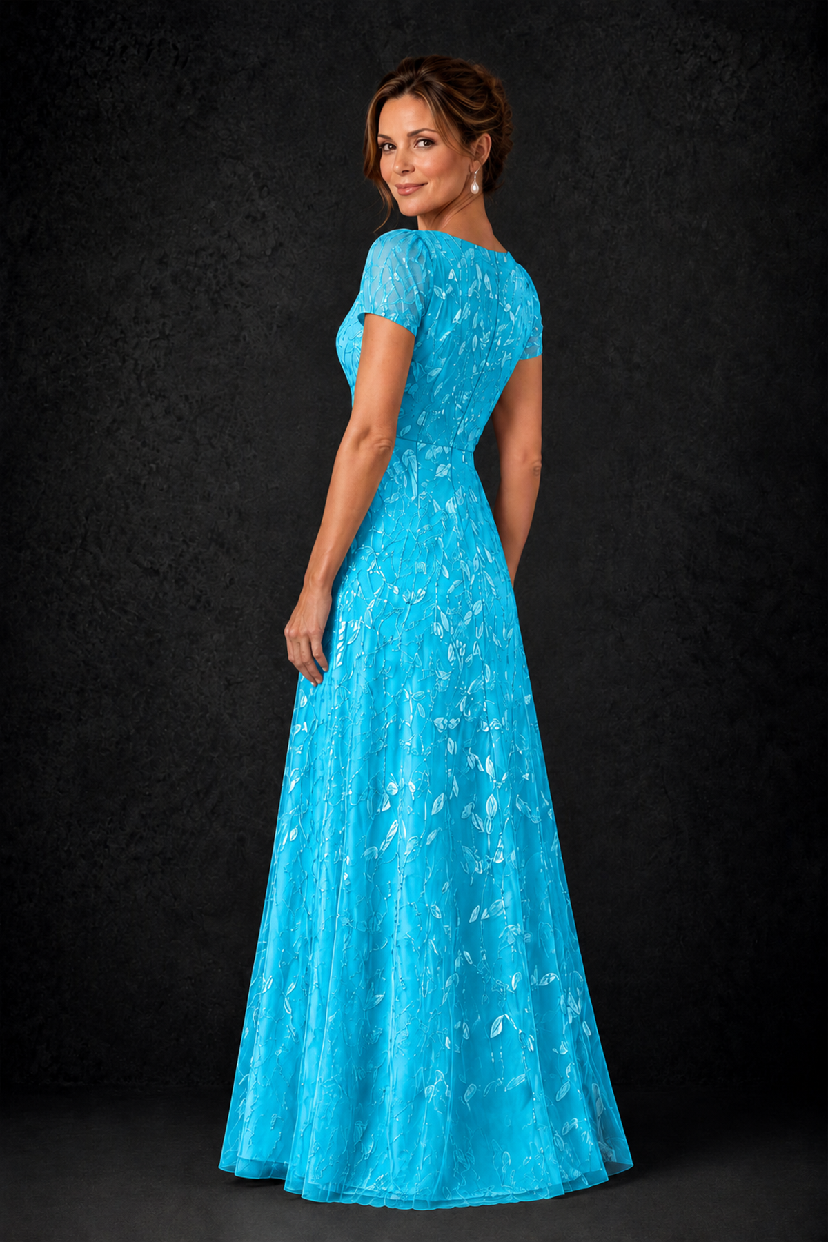BOLODOO Blue Leaf Embroidered A-Line Formal Gown with Cap Sleeves - Blue - Blue_2