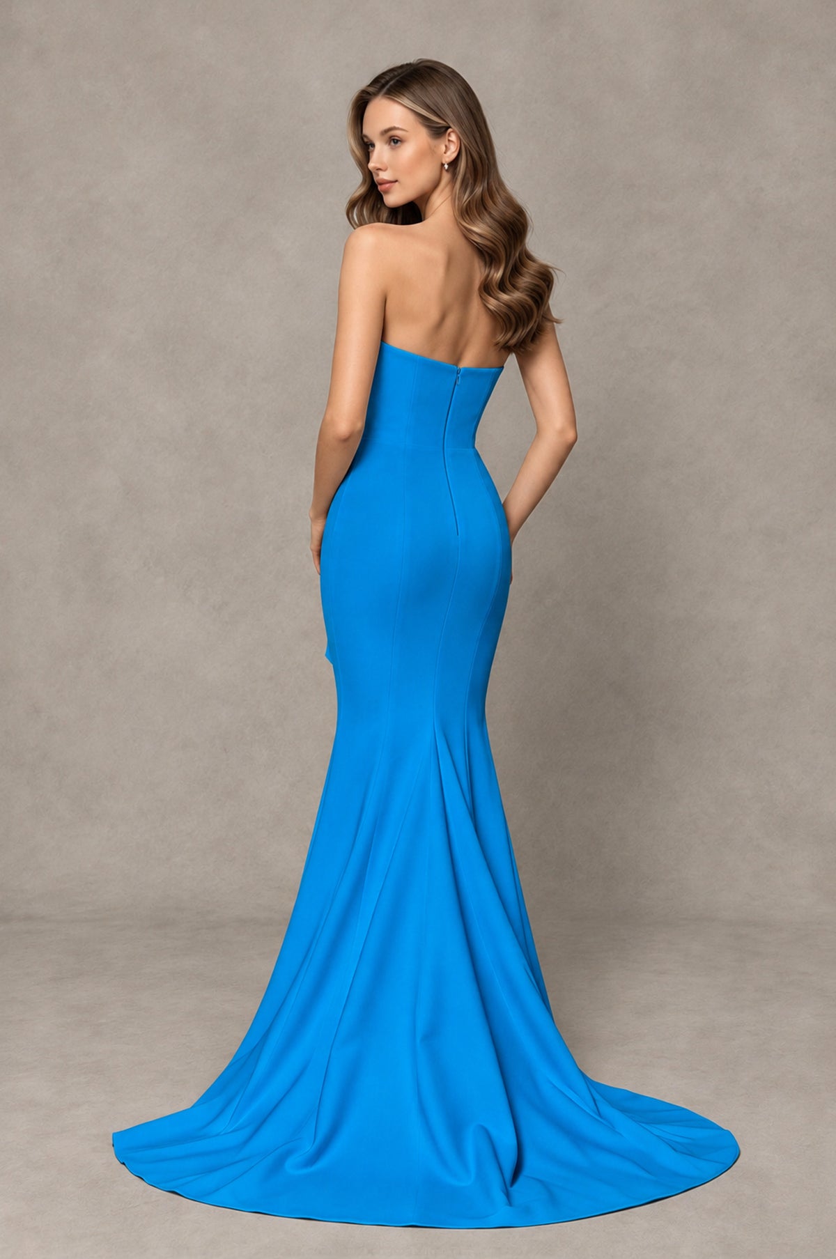 BOLODOO Blue Strapless Mermaid Evening Dress with Ruffle Slit and Train - Blue - Blue_2