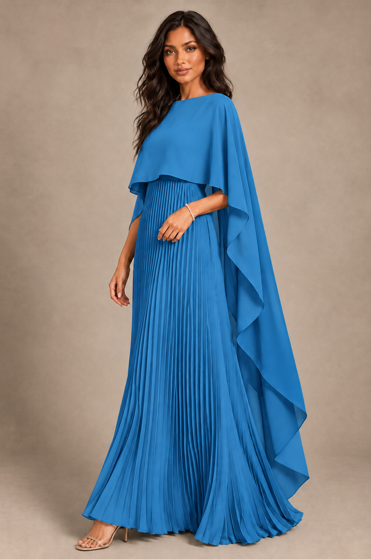 BOLODOO Blue Pleated Cape A-Line Evening Dress - Blue - Blue_2