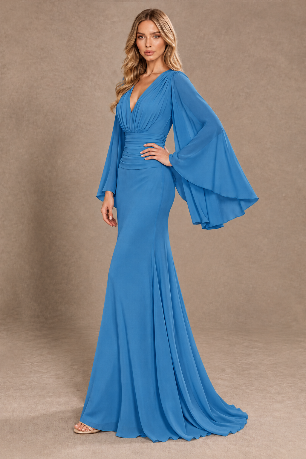 BOLODOO Blue Cape Sleeve V-Neck Ruched Chiffon Evening Dress - Blue - Blue_2