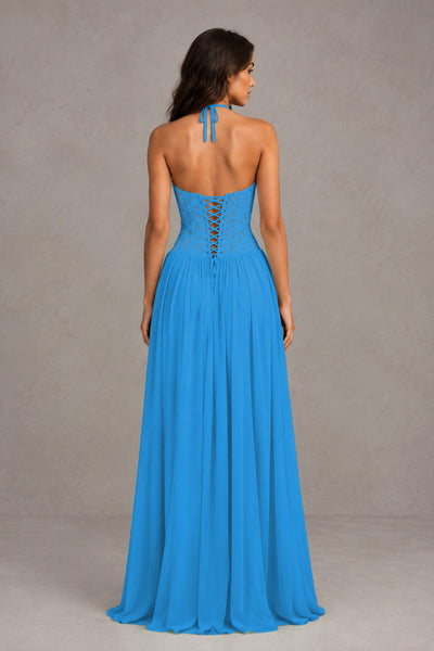 BOLODOO Blue Lace Corset Halter Maxi Gown – Backless A-Line Formal Dress - Blue - Blue(2)