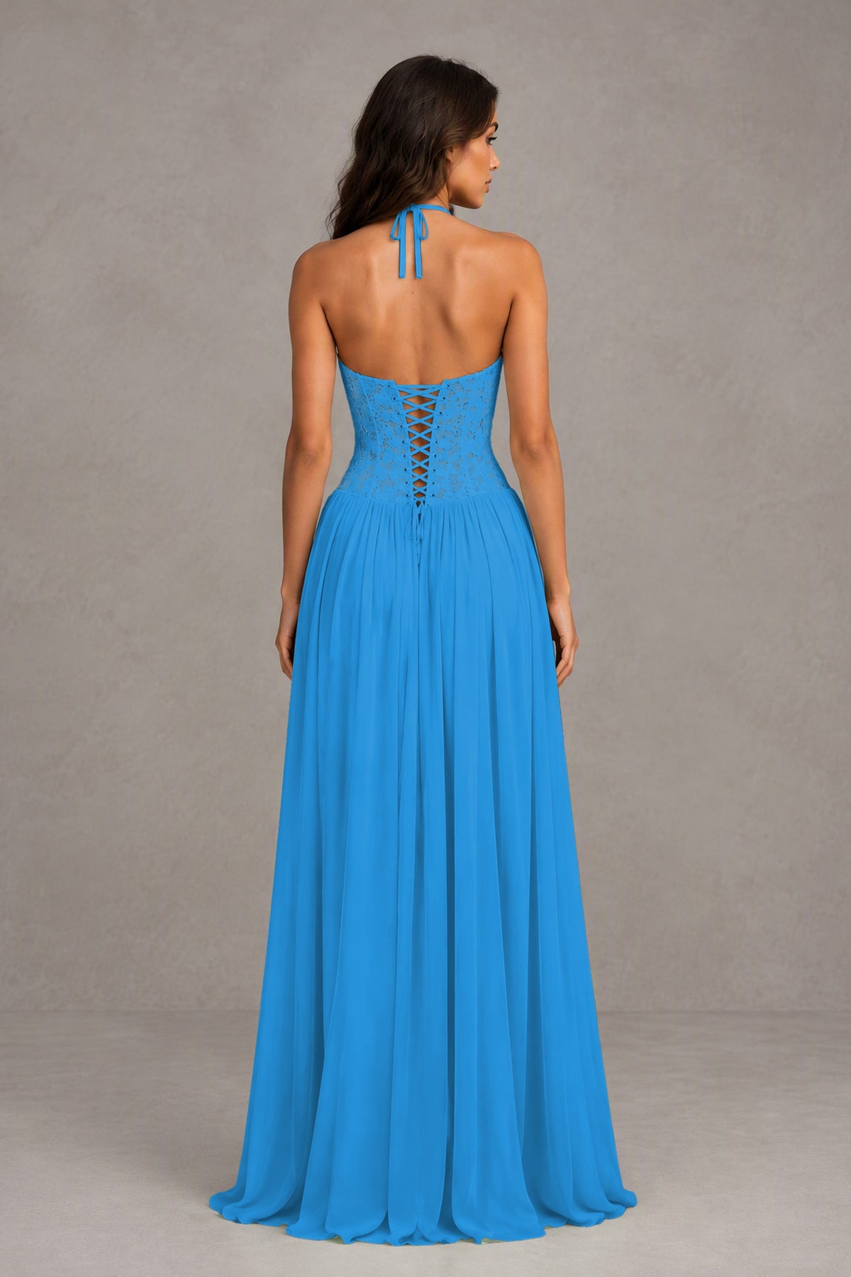 BOLODOO Blue Lace Corset Halter Maxi Gown – Backless A-Line Formal Dress - Blue - Blue(2)