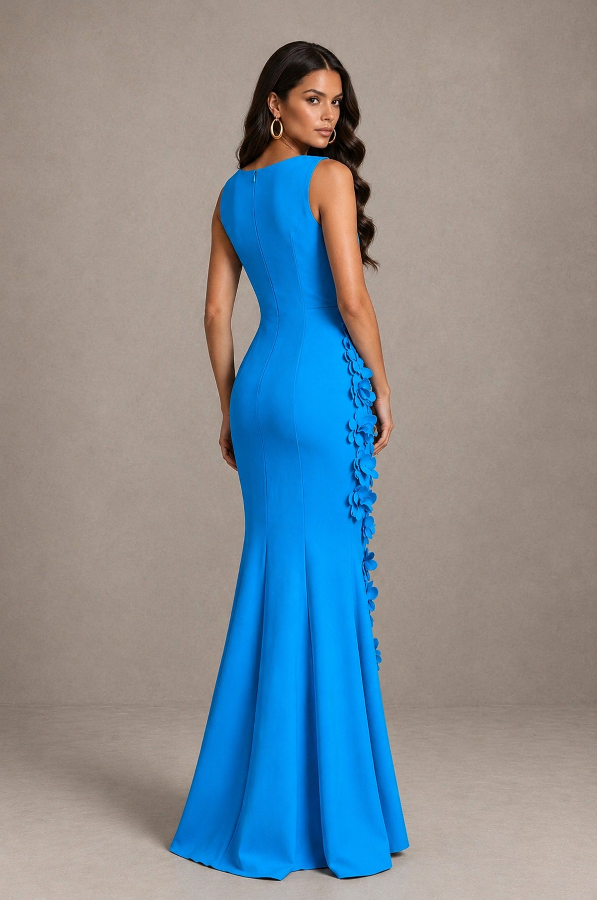 BOLODOO Blue Bateau Neck Sleeveless Asymmetric Peplum 3D Petal Appliqué Mermaid Gown BD0421 - Blue - Blue_2