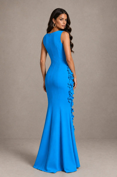 BOLODOO Blue Bateau Neck Sleeveless Asymmetric Peplum 3D Petal Appliqué Mermaid Gown BD0421 - Blue - Blue_2