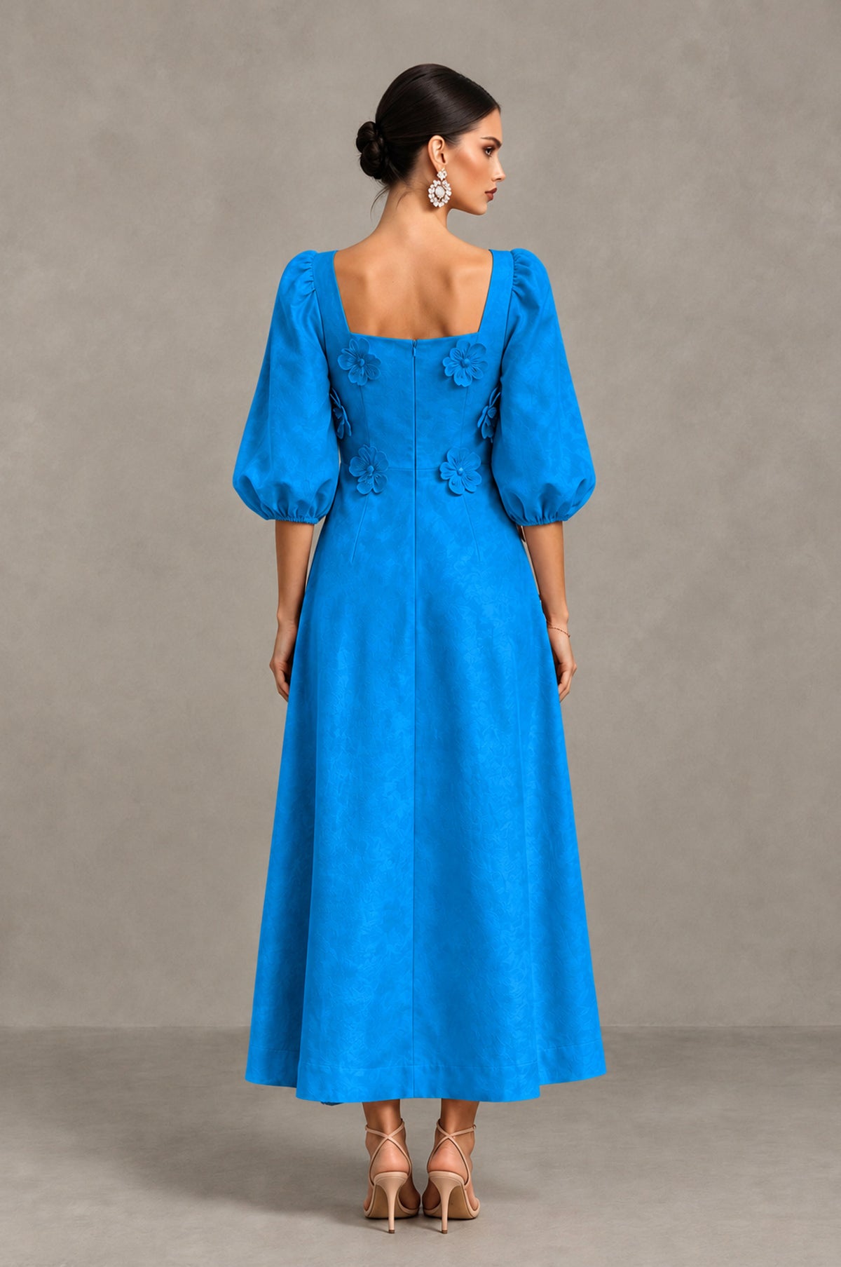 BOLODOO Blue 3D Floral Puff Sleeve Midi Cocktail Dress - Blue - Blue_2
