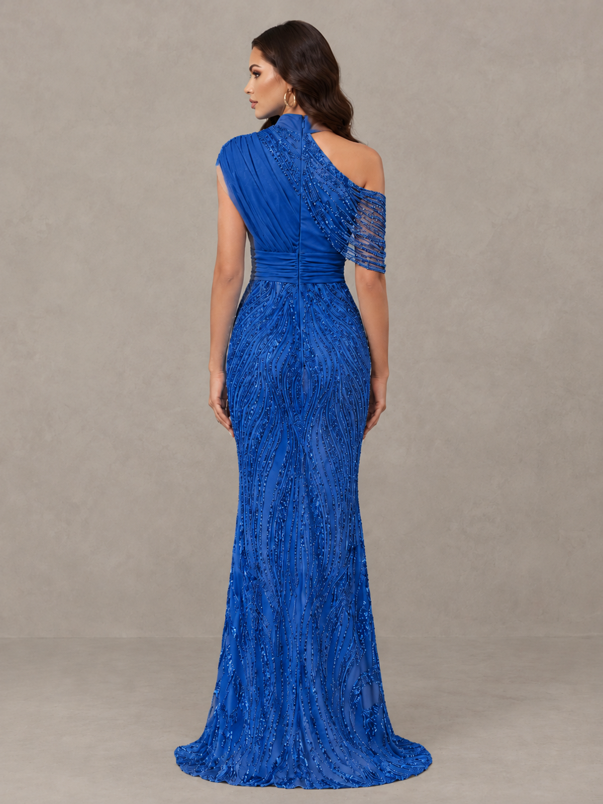 BOLODOO Blue High Neck Draped Sequin Mermaid Evening Gown - Blue - Blue_2
