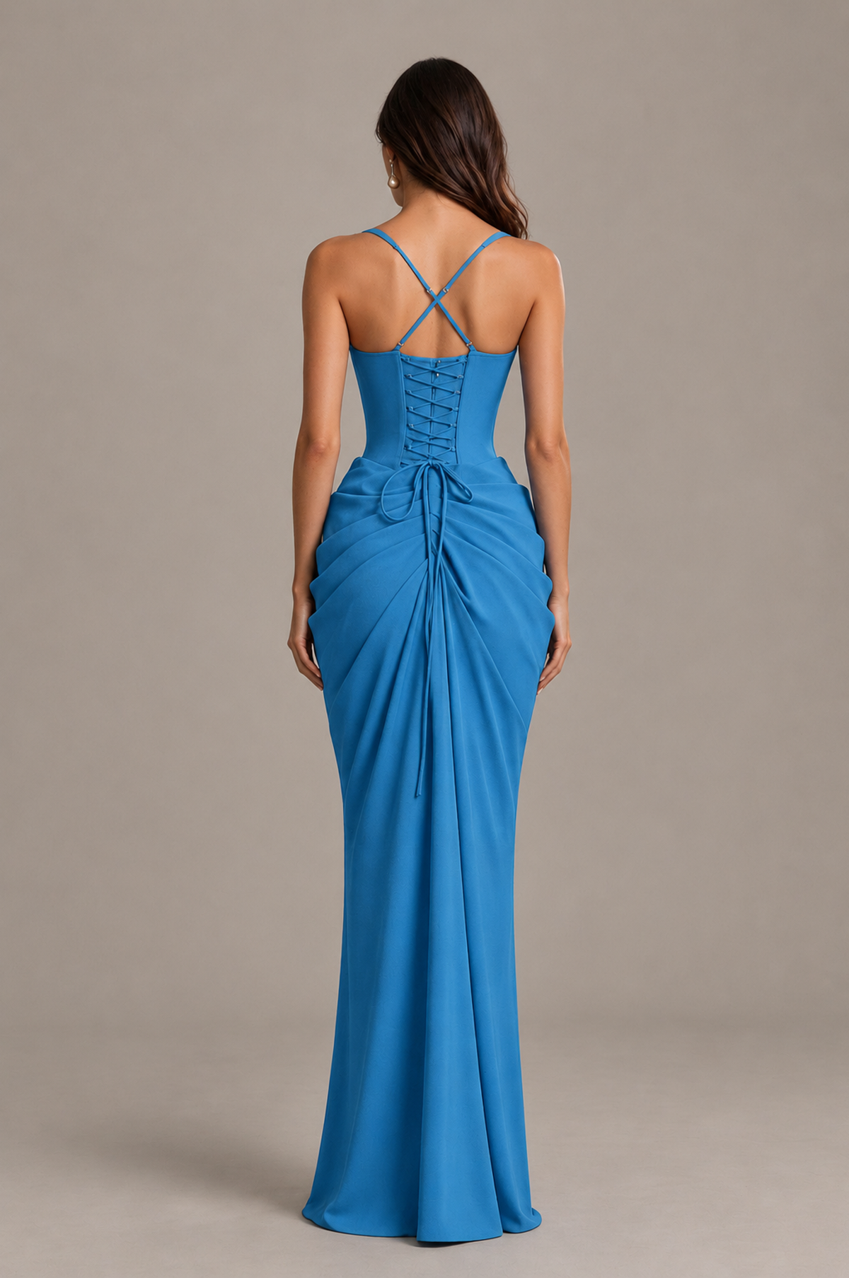 BOLODOO Blue Sweetheart Ruched Lace-Up Back Evening Gown - Blue - Blue_2