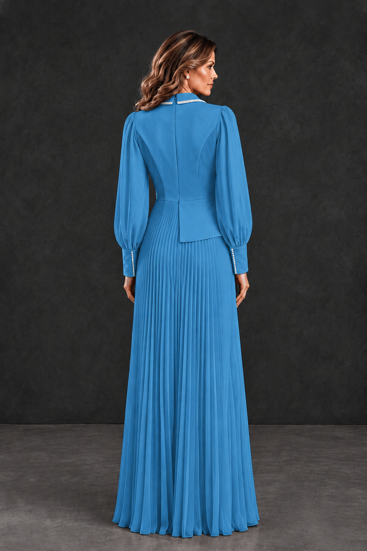 BOLODOO Blue Long Sleeve Pleated Mother of the Bride Dress - Blue - Blue_2