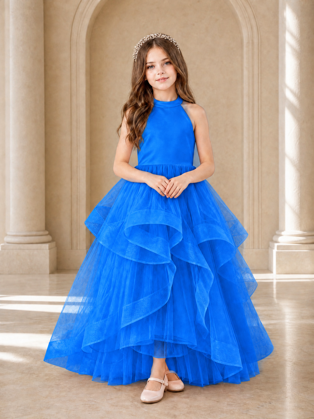BOLODOO Blue Halter Tiered Tulle Flower Girl Dress with Bow Back - Blue - Blue_2