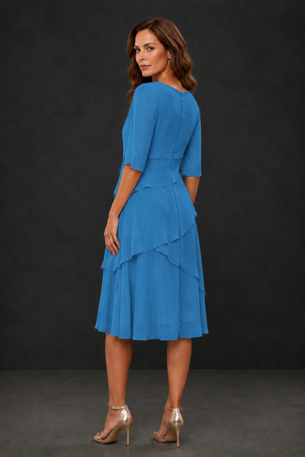 BOLODOO Blue Chiffon 3/4 Sleeve Asymmetric Tiered Tea Length Dress | Mother of the Bride Midi Dress - Blue