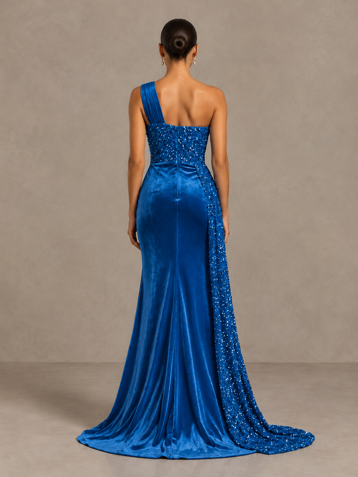 BOLODOO Blue One-Shoulder Satin Sequin Gown with High Slit - Blue - Blue_2