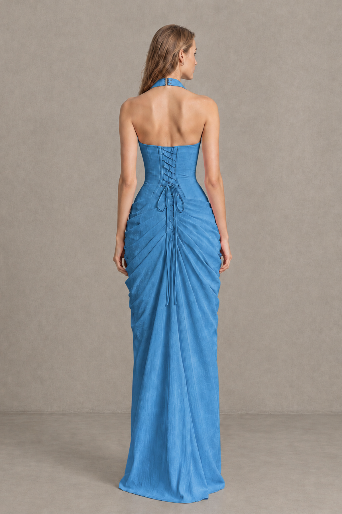 BOLODOO Blue Halter Neck Ruched Maxi Dress with High Slit - Blue - Blue_2