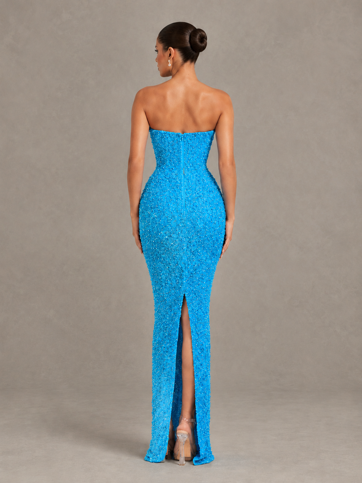 BOLODOO Blue Strapless Sequin Evening Gown with Floral Neckline - Blue - Blue_2