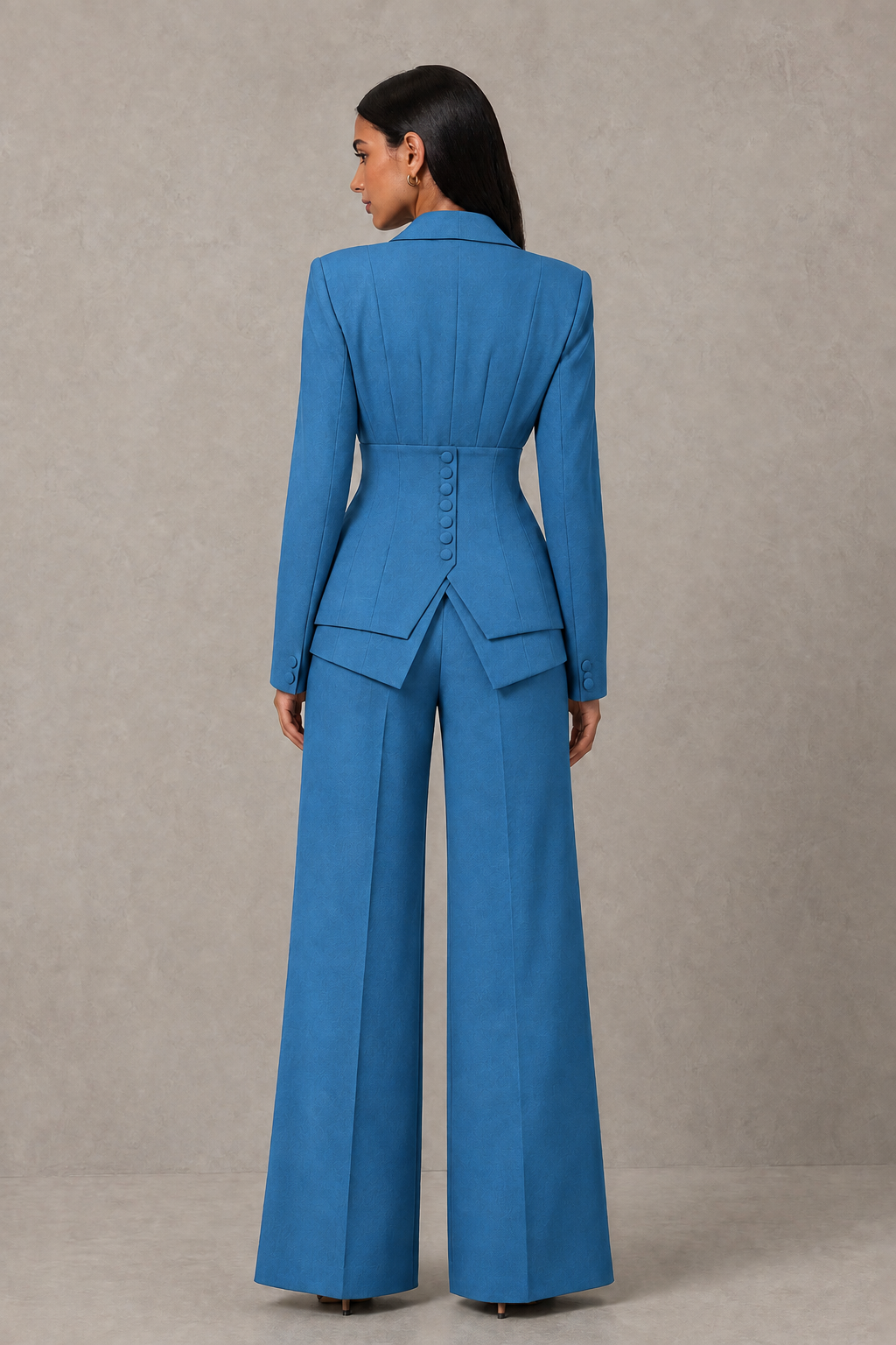 BOLODOO Blue Cinched Waist Blazer and Wide Leg Pants Two Piece Suit Set - Blue