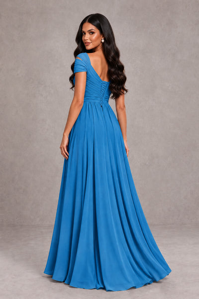 BOLODOO Blue Cold Shoulder Chiffon Evening Dress with V Neck and High Slit - Blue - Blue_2