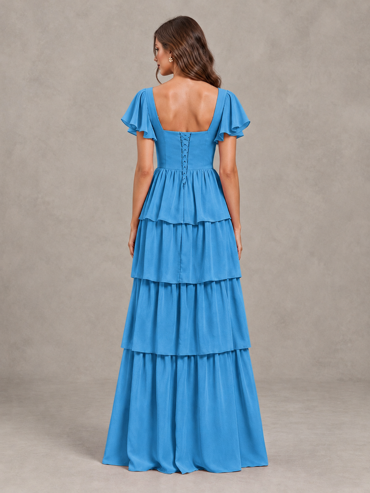 BOLODOO Blue Flutter Sleeve Tiered Maxi Bridesmaid Dress - Blue - Blue_2