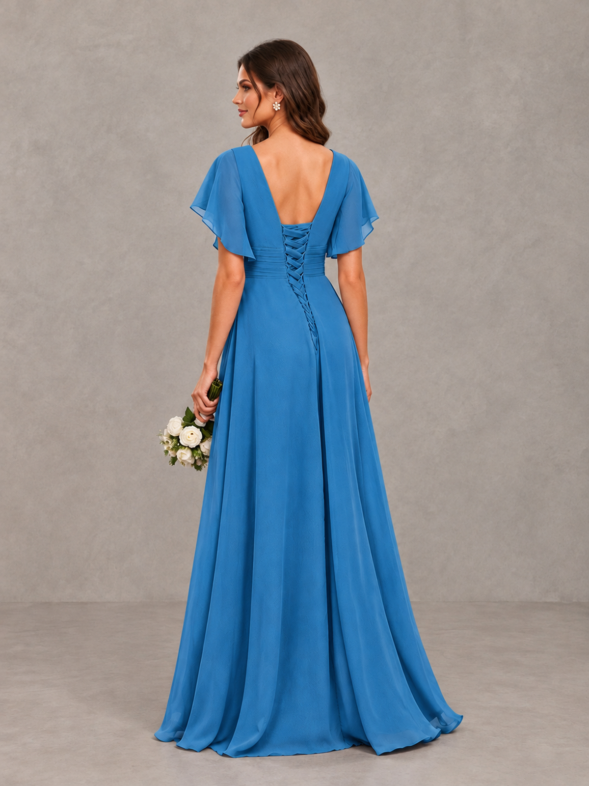 BOLODOO Blue Flutter Sleeve V-Neck Bridesmaid Dress with Ruffle Slit - Blue - Blue_2