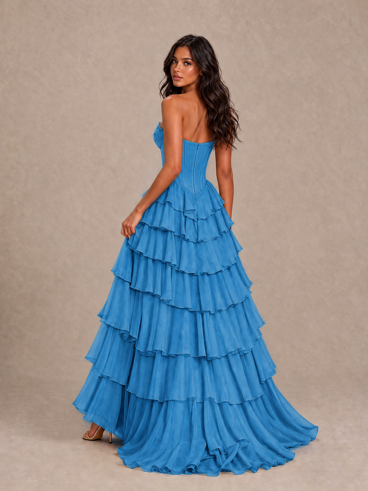BOLODOO Blue Strapless Corset Tiered Ruffle Prom Dress with High Slit - Blue - Blue_2