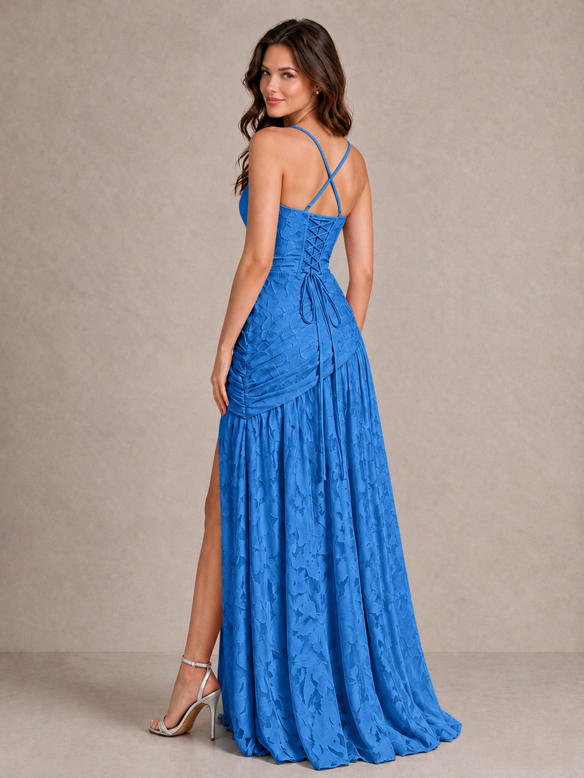 BOLODOO Blue Floral Jacquard Bridesmaid Dress with Square Neck, Lace-Up Back & High Slit - Blue - Blue_2