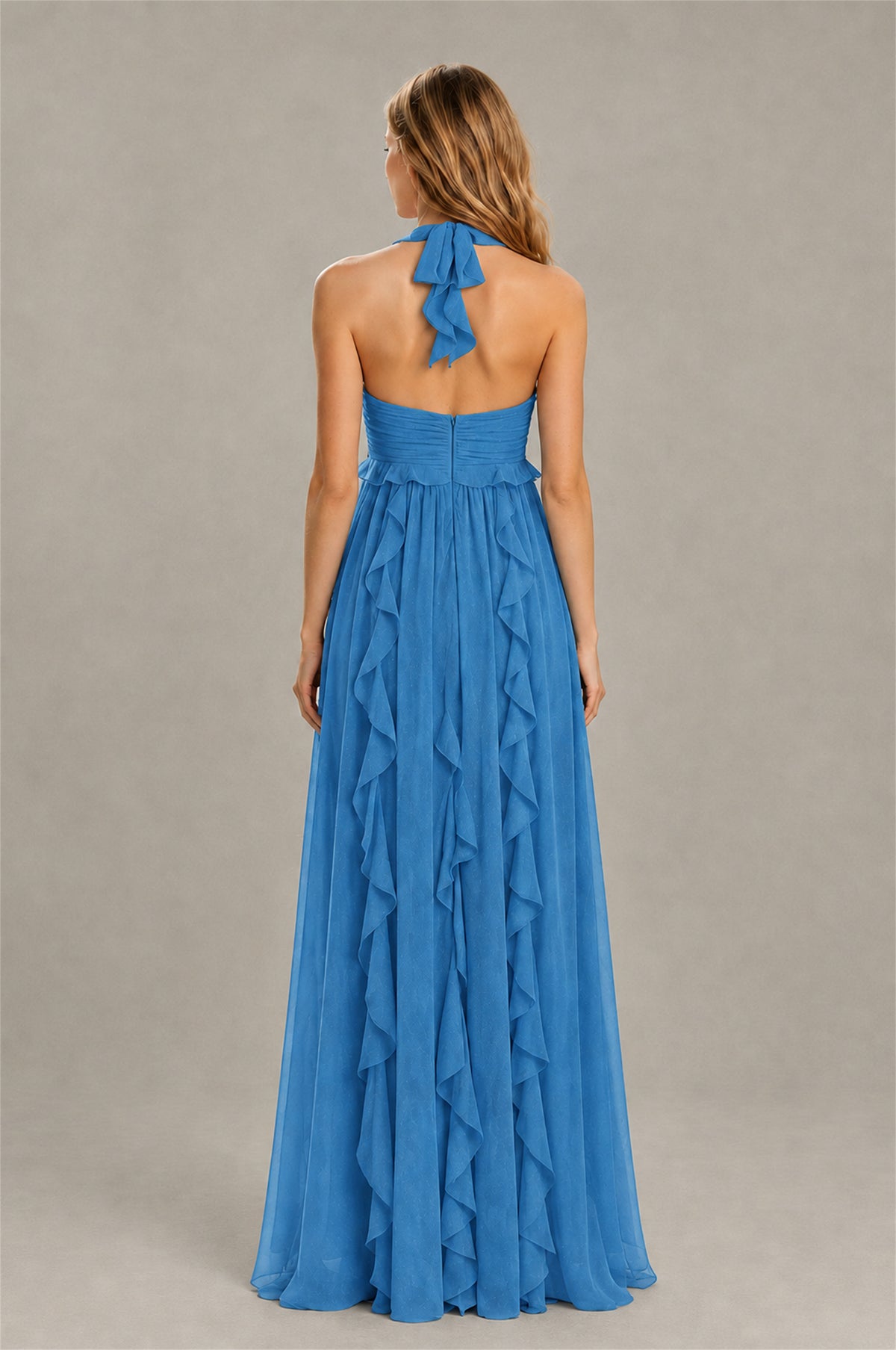 BOLODOO Blue Halter Ruffle A-Line Floor-Length Evening Dress - Blue - Blue_2