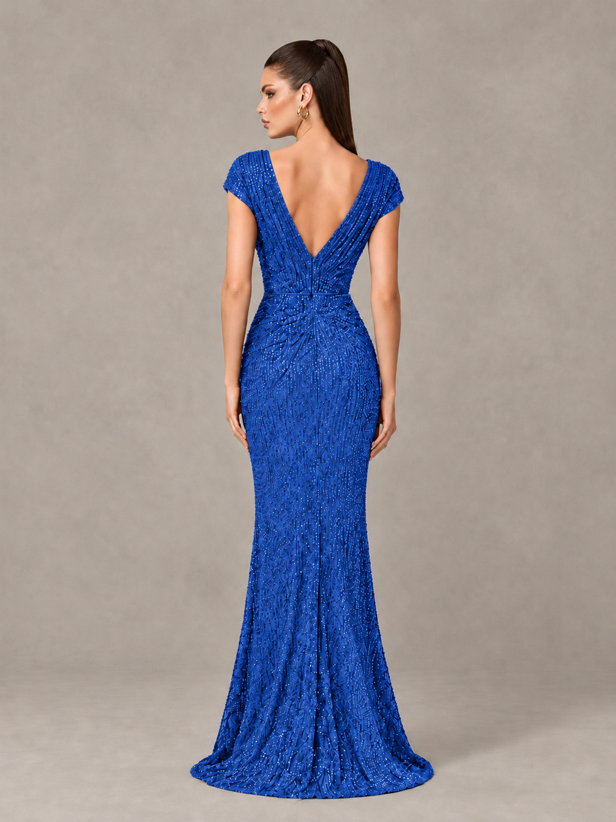 BOLODOO Blue Glitter V-Neck Cap Sleeve Ruched Mermaid Evening Gown - Blue - Blue_2