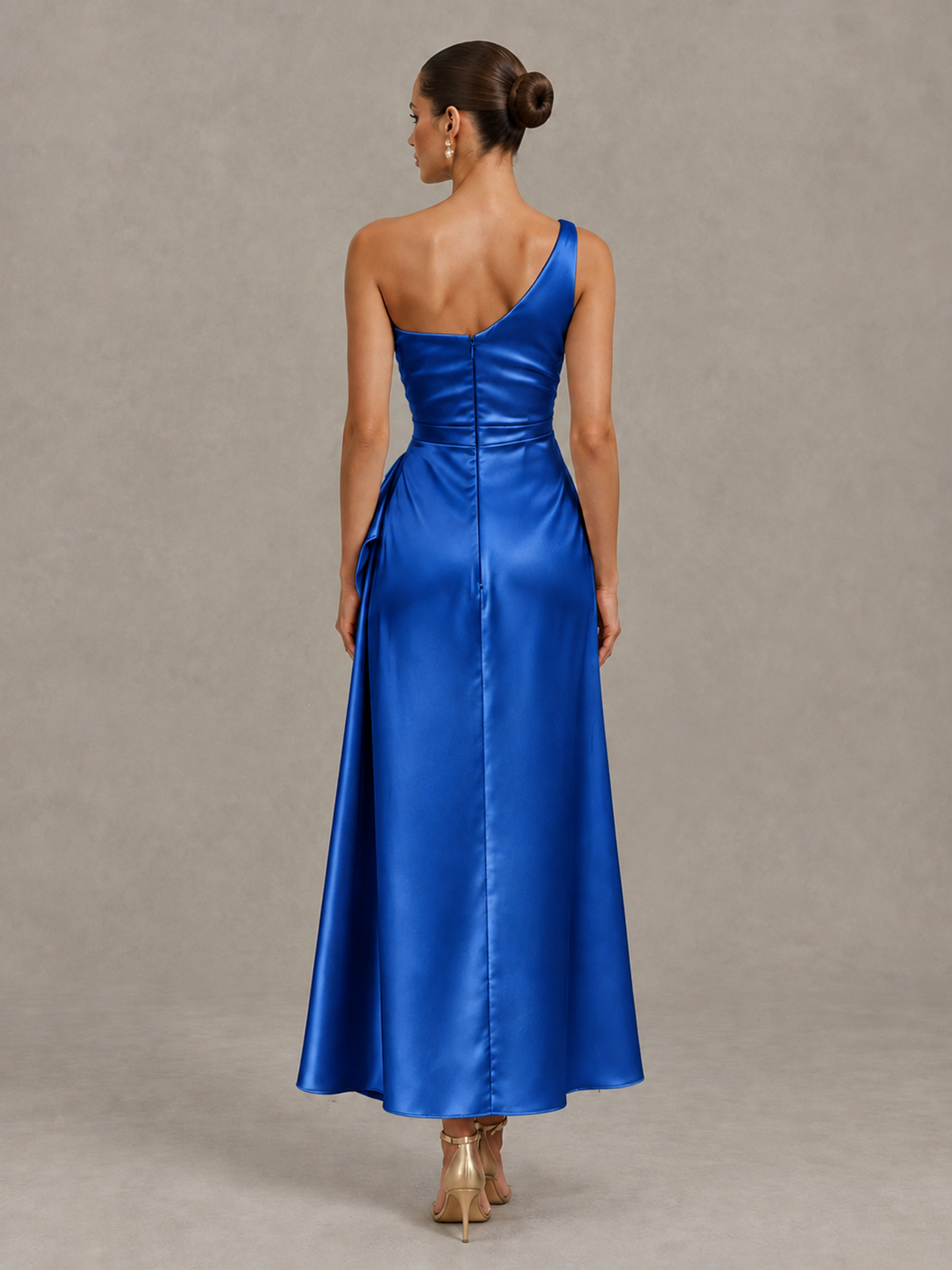 BOLODOO Blue One Shoulder Satin Cocktail Dress with Draped A-Line Skirt - Blue - Blue_2