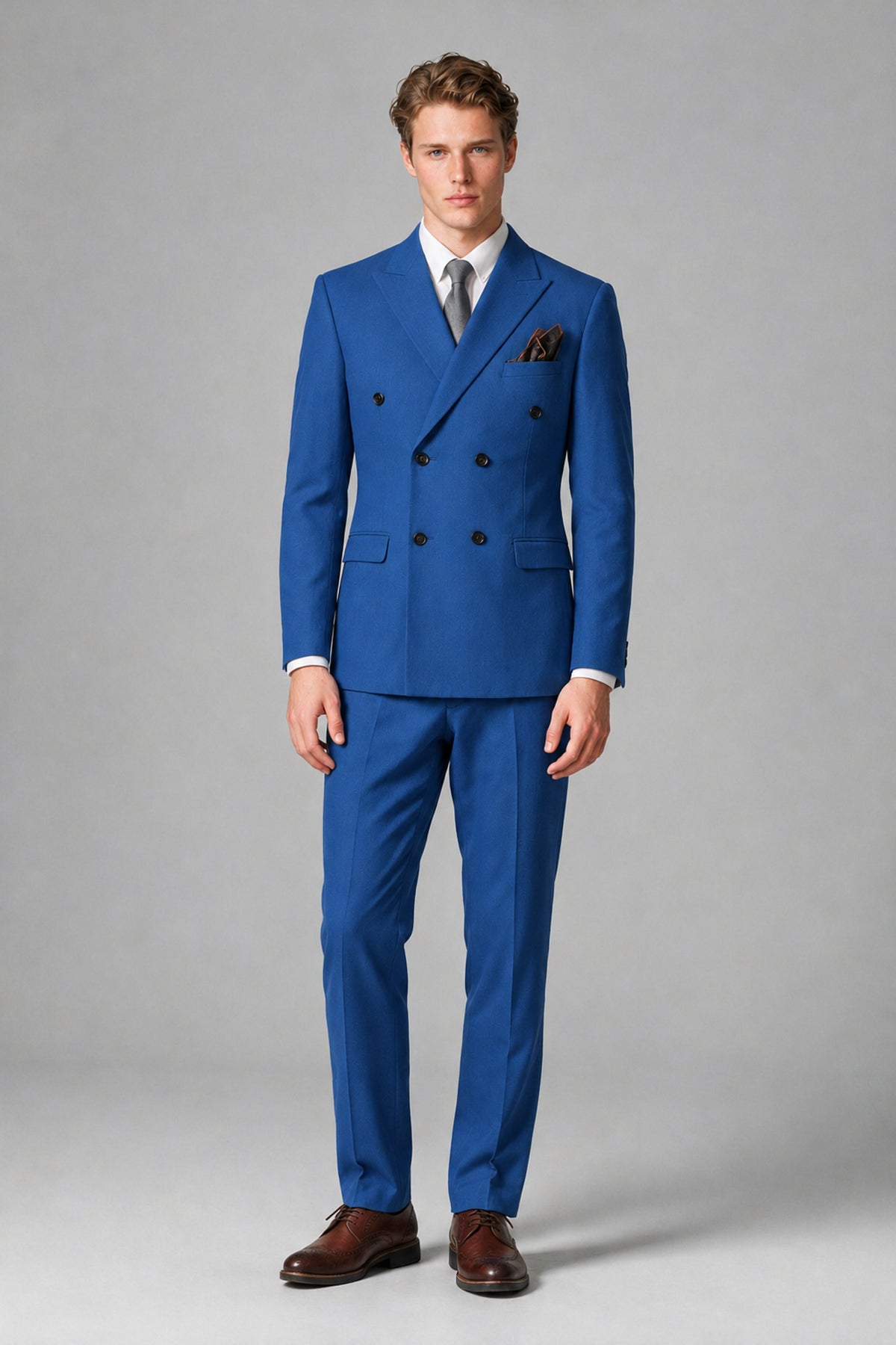 Bolodoo Men's Blue Double-Breasted Two-Piece Suit with Peak Lapels - Blue - Blue_2