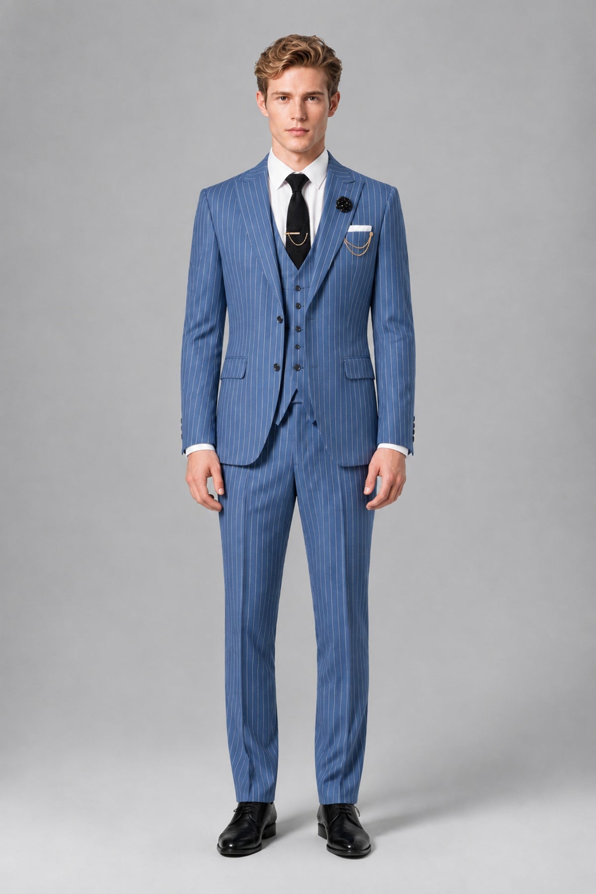 Bolodoo Men's Blue Pinstripe 3-Piece Suit – Jacket, Vest & Trousers - Blue - Blue_2
