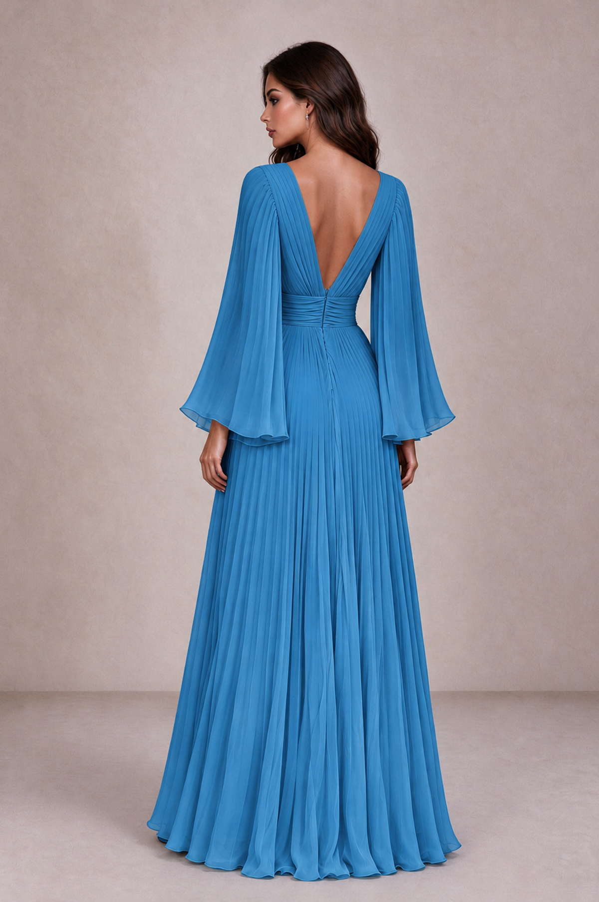 BOLODOO Blue Pleated Deep V-Neck Long Bell Sleeve Evening Dress - Blue - Blue_2