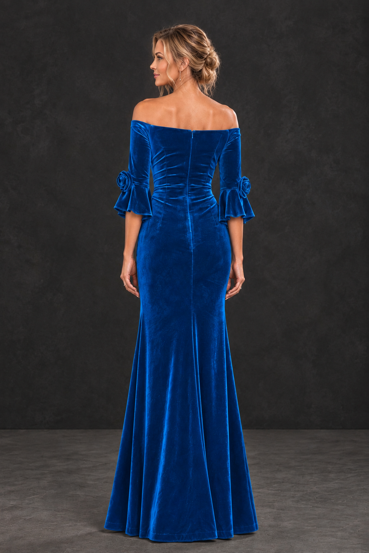 BOLODOO Blue Velvet Off-Shoulder Mother of the Bride Dress – 3/4 Floral Cuff Sleeve Mermaid Evening Gown - Blue - Blue_2
