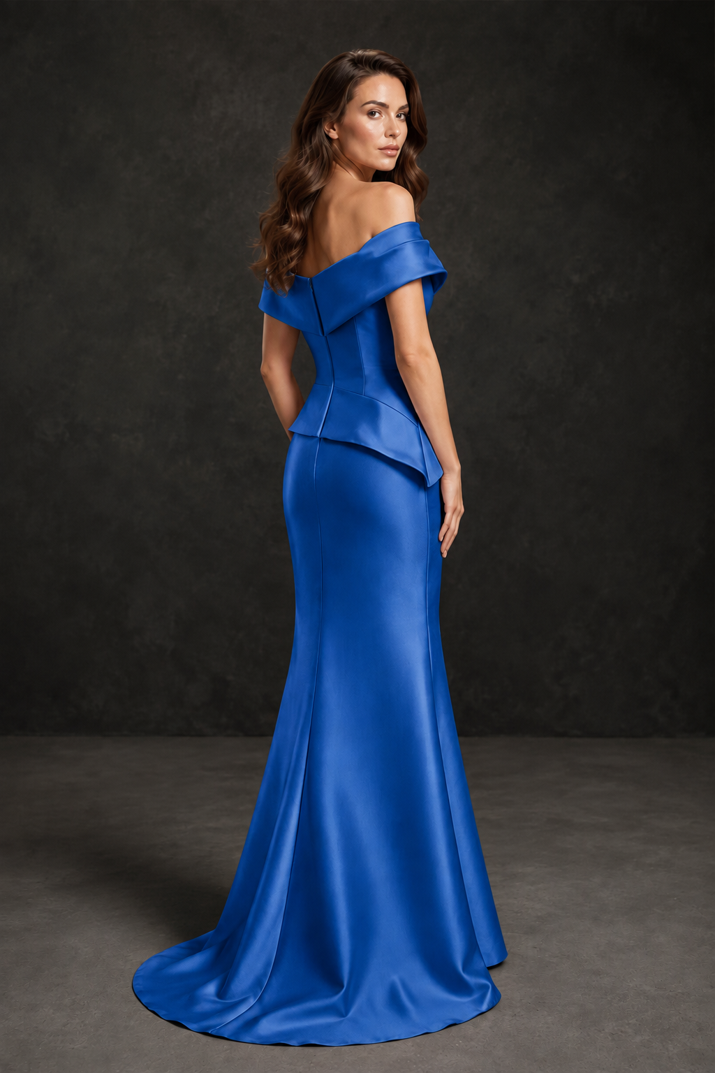 BOLODOO Blue Satin Off-Shoulder Sweetheart Asymmetric Peplum Mermaid Gown with Blue Floral Embroidery | MOB Evening Dress - Blue