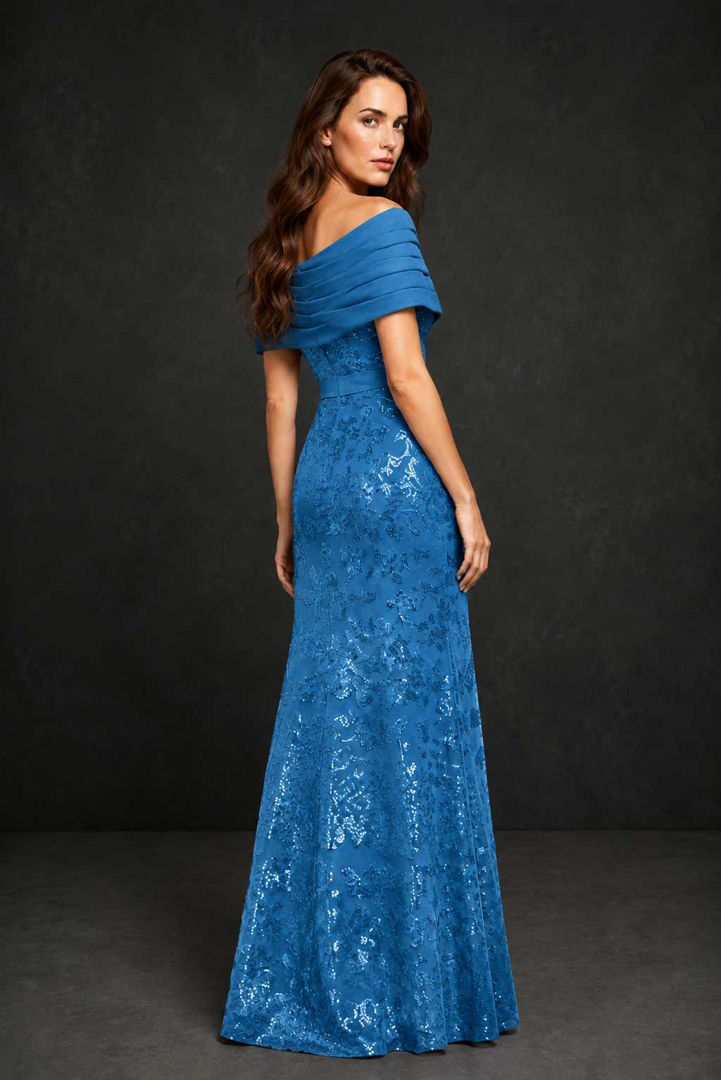 BOLODOO Blue Off-Shoulder Sequin Lace Mermaid Evening Gown | Mother of the Bride Formal Dress - Blue