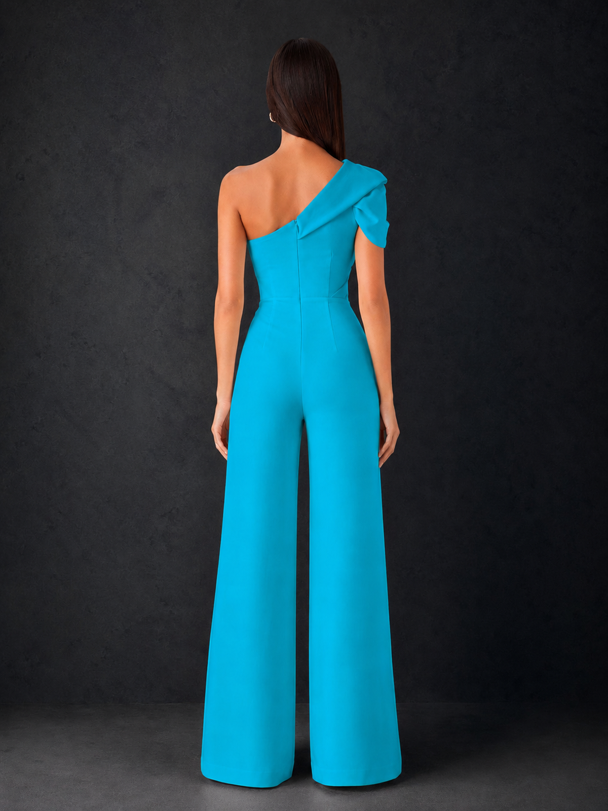 BOLODOO Blue One-Shoulder Puff Sleeve Wide-Leg Jumpsuit with Front Slit and Open Back - Blue