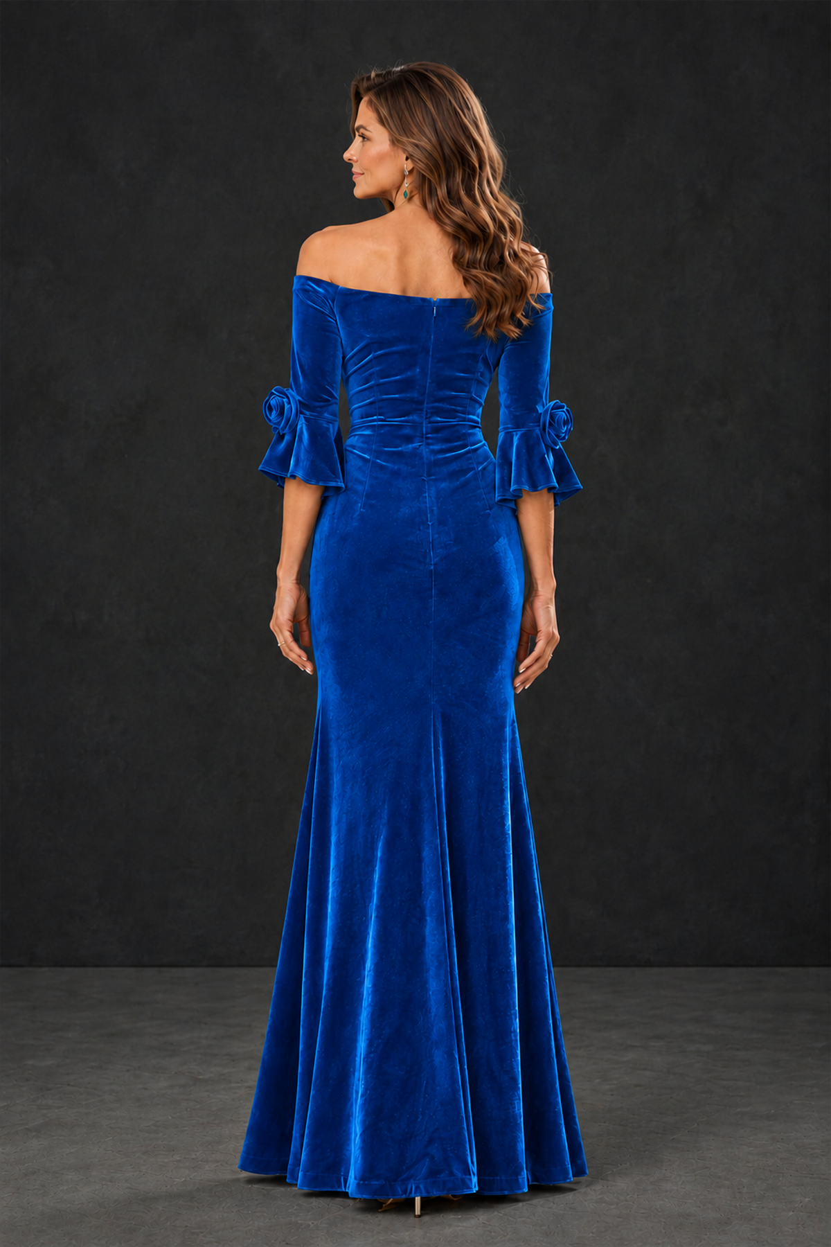 BOLODOO Blue Velvet Mother of the Bride Dress with Rosette Sleeves - Blue - Blue_2