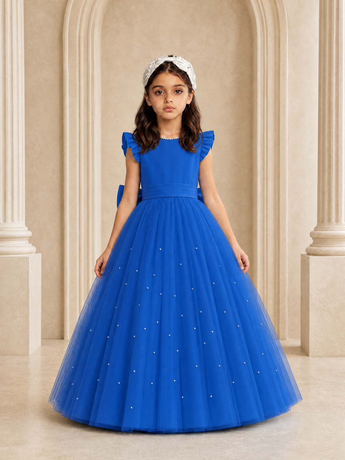 BOLODOO Blue Tulle Flower Girl Dress with Ruffle Sleeves & Bow Back - Blue - Blue_2