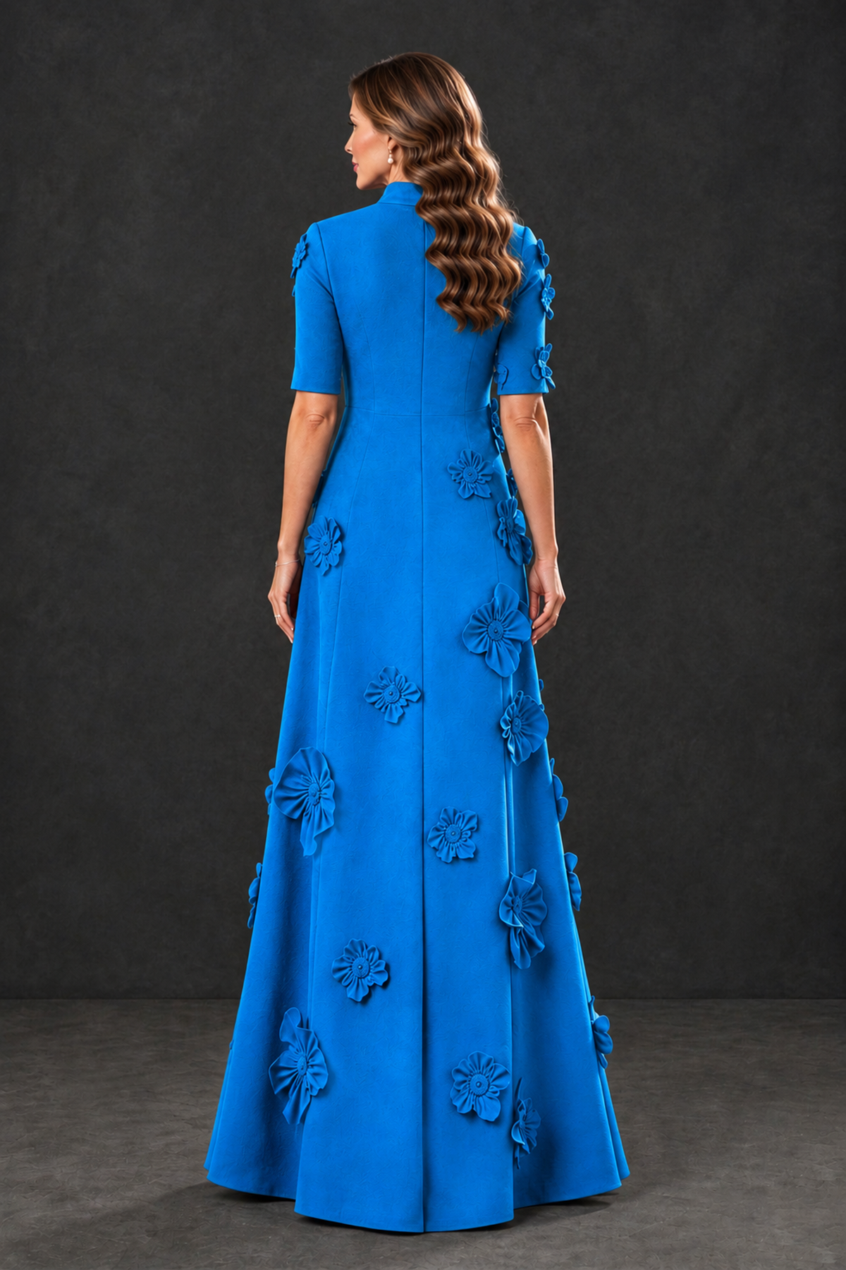 BOLODOO Blue Floral Applique High-Neck Half-Sleeve Gown - Blue - Blue_2