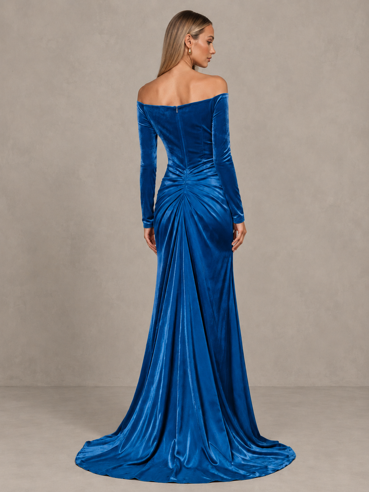 BOLODOO Blue Off-Shoulder Velvet Evening Gown with High Slit - Blue - Blue_2