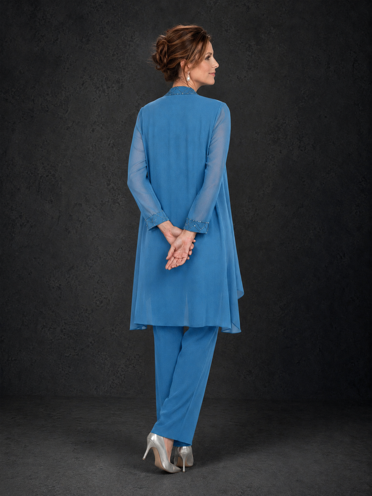 BOLODOO Blue 3-Piece Beaded Chiffon Duster Jacket Pant Suit - Blue - Blue_2