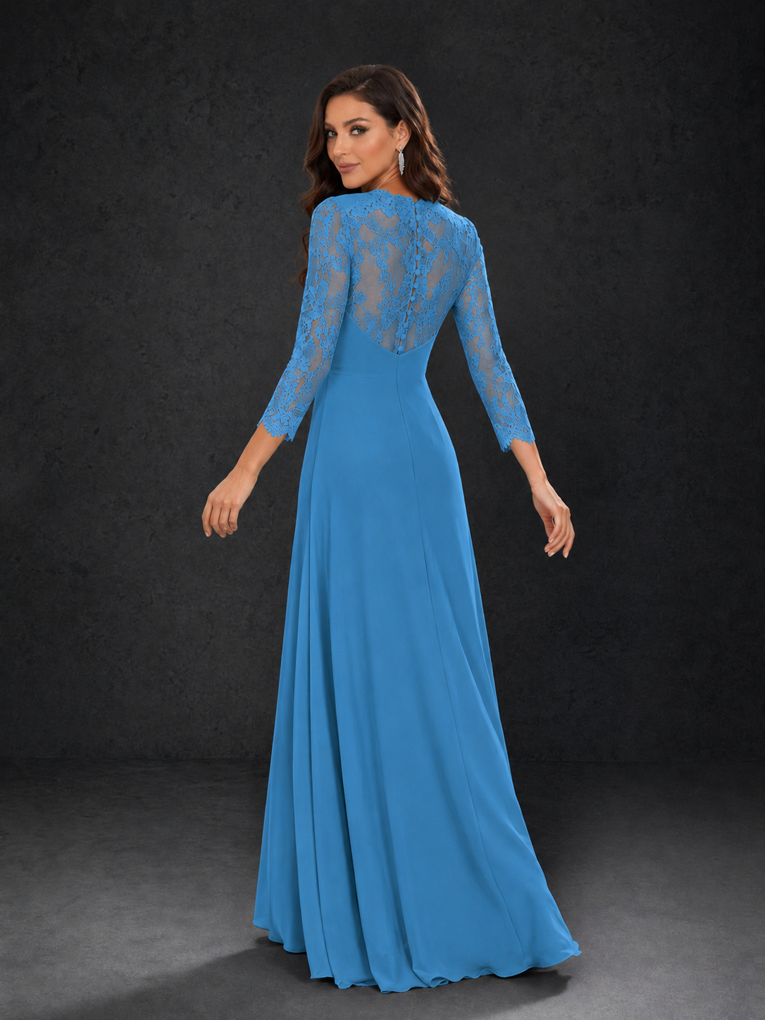 BOLODOO Blue Lace Sleeve V-Neck Floral Waist Chiffon A-Line Maxi Dress - Blue