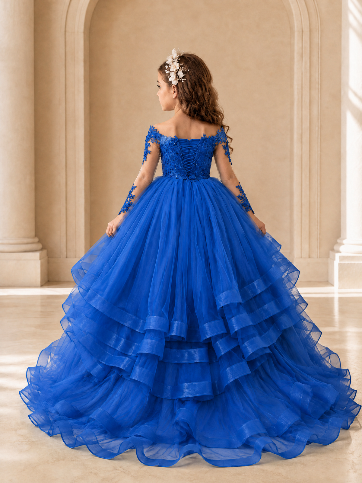 BOLODOO Blue Lace Long Sleeve Tiered Flower Girl Dress - Blue - Blue_2
